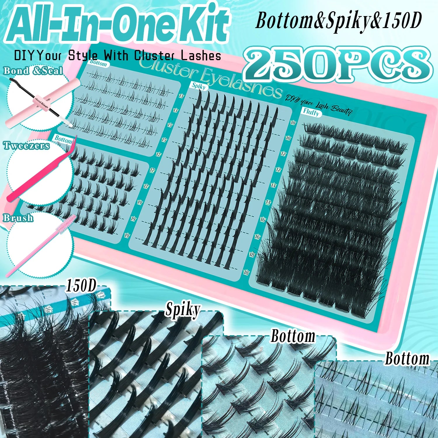 Eyelash Extension Kit Spiky Lashes Extension Thick Individual Cluster Lashes with Spikes&Bottom Lashes Bond And Seal Makeup
