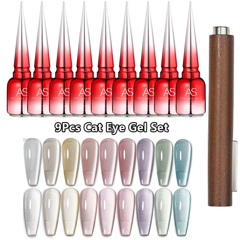 AS 9pcs Cat Eye Magnetic Moonlight Gel Nail Polish Set 15ml Sparkle White Silver Water Light Red UV Gel Nail Art Manicure Vernis