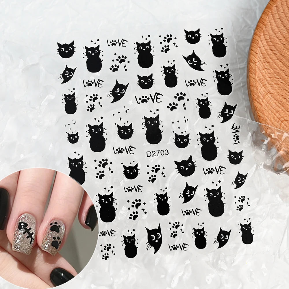 4pcs/set 3D Cute Cartoon Black Cat Nail Stickers Funny Cat Paw/Bowtie Self-Adhesive Nail Art Decals Manicure Accessories DIY 8*1
