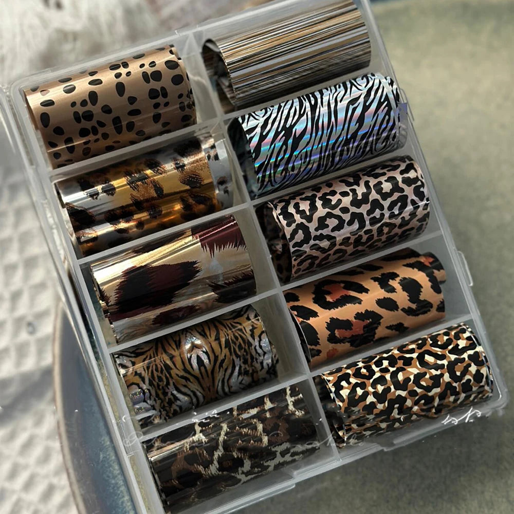 10 Rolls 50*4CM Pink Leopard Nail Foil Stickers Animal Print Nail Transfer Decals Irregular Shape Valentine's Day Manicure Decor