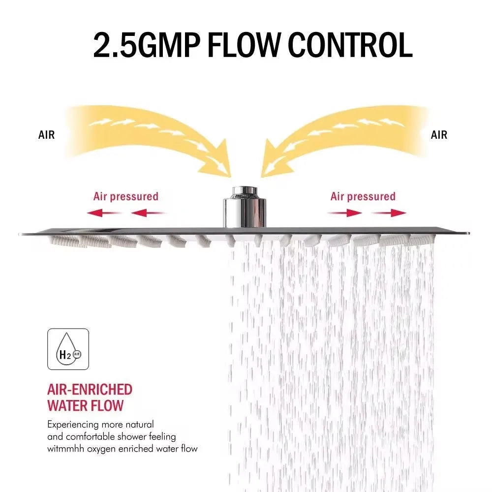 8" 10" 12" Black Silver Golden Stainless Steel High Pressure Waterfall Shower Head Large Flow Pressure Boosting Bathroom Shower