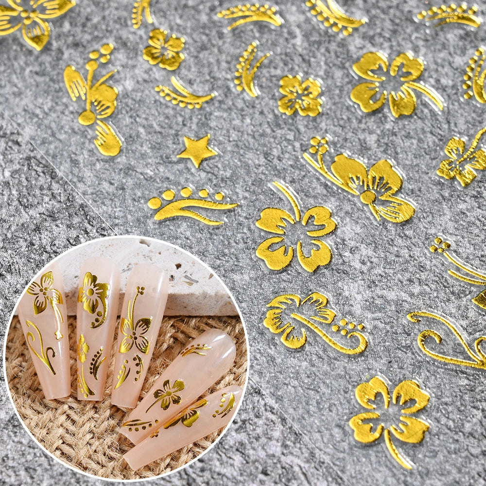 1pc 3D White Hibiscus Flower Nail Art Stickers 8 Colors Hollow Petal Flower Nail Decal Exquisite Gold/Silver/Black Floral Slider