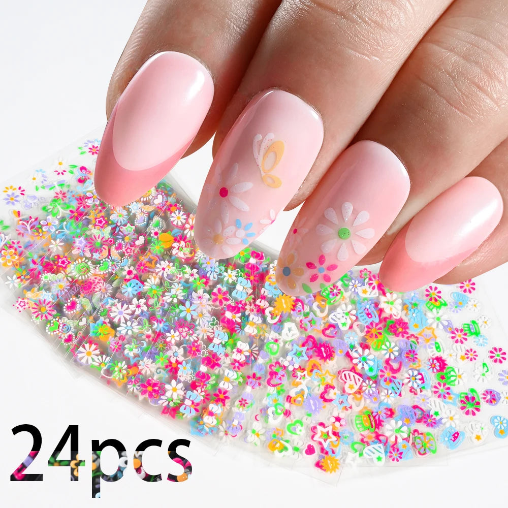 3D Colorful Flowers Cherry Blossoms Rose Daisy Nail Decals 20/30/60/70/90pcs Cute Heart Nail Sticker Manicure Decoration 5.5*6cm