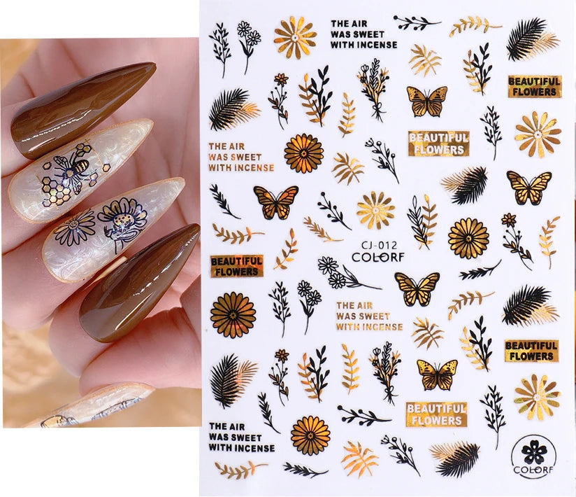 Shiny Gold Star Moon Sun Nail Stickers for Manicure Accessories Heart Feather Animals Printing Self Adhesive Nail Wrap