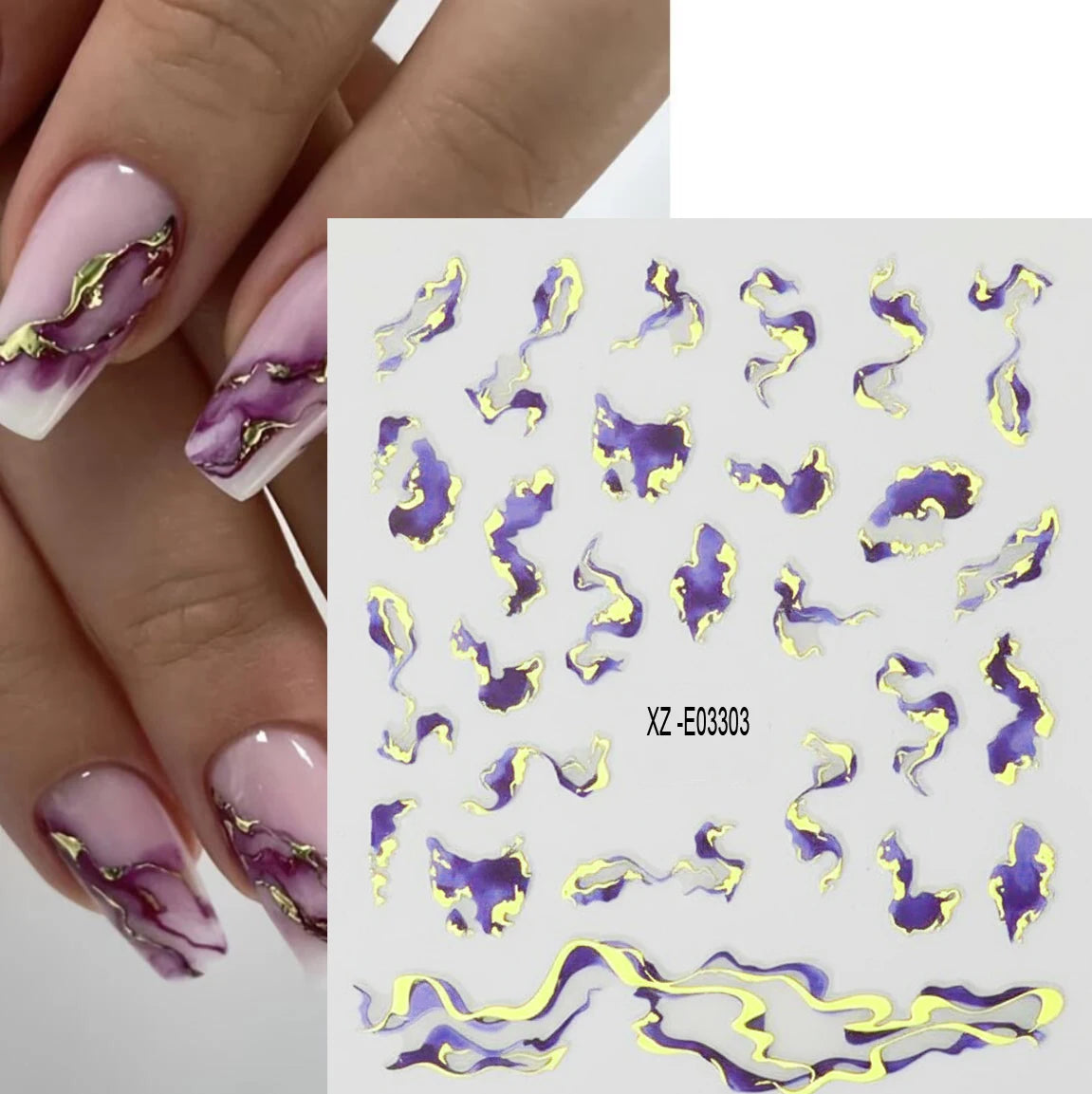 3/6/12PCS 3D Gold Foil Marble Print Nail Art Stickers Luxury Blue Gradient Ink Design Adhesive Nail Decal Geometric Nail Slider