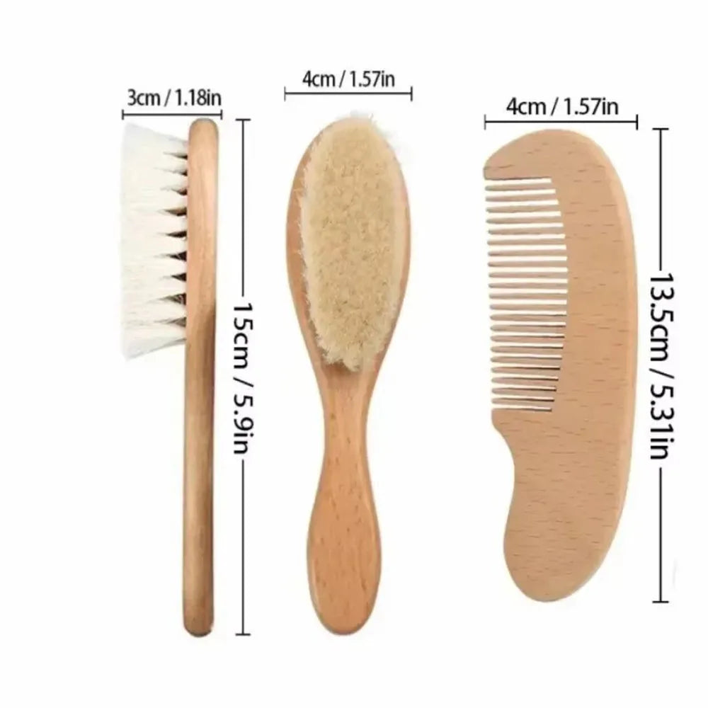 3PCS Newborn Wool Baby Wooden Brush Comb Newborn Hair Brush Infant Head Massager Portable Comb Hair Bath Brush Comb