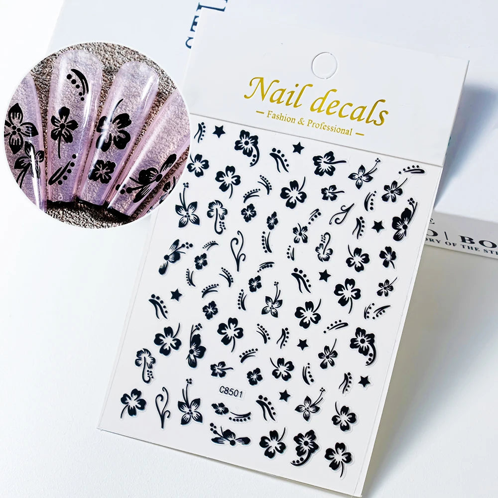 1pc 3D White Hibiscus Flower Nail Art Stickers 8 Colors Hollow Petal Flower Nail Decal Exquisite Gold/Silver/Black Floral Slider