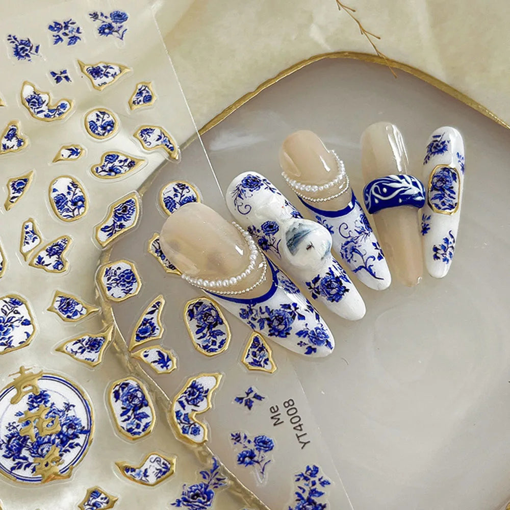 Blue Bronzing Flower Nail Stickers Chinese Style Blue and White Porcelain Nail Decals Back Glue Adhesive French Nail Art Sticker