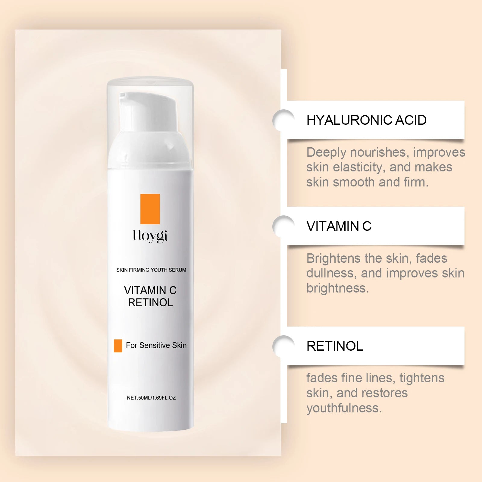 HOYGI Vitamin C Retinol Serum Shrink Pores Fade Fine Line Improve Dark Spot Skin Brightening Moisturizing Smooth Daily Care 50ml