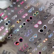5D Adhesive Nail Art Stickers with Cute Glasses Design and Cartoon Funny Cat Expression for Manicure DIY Charms Slider Sticker