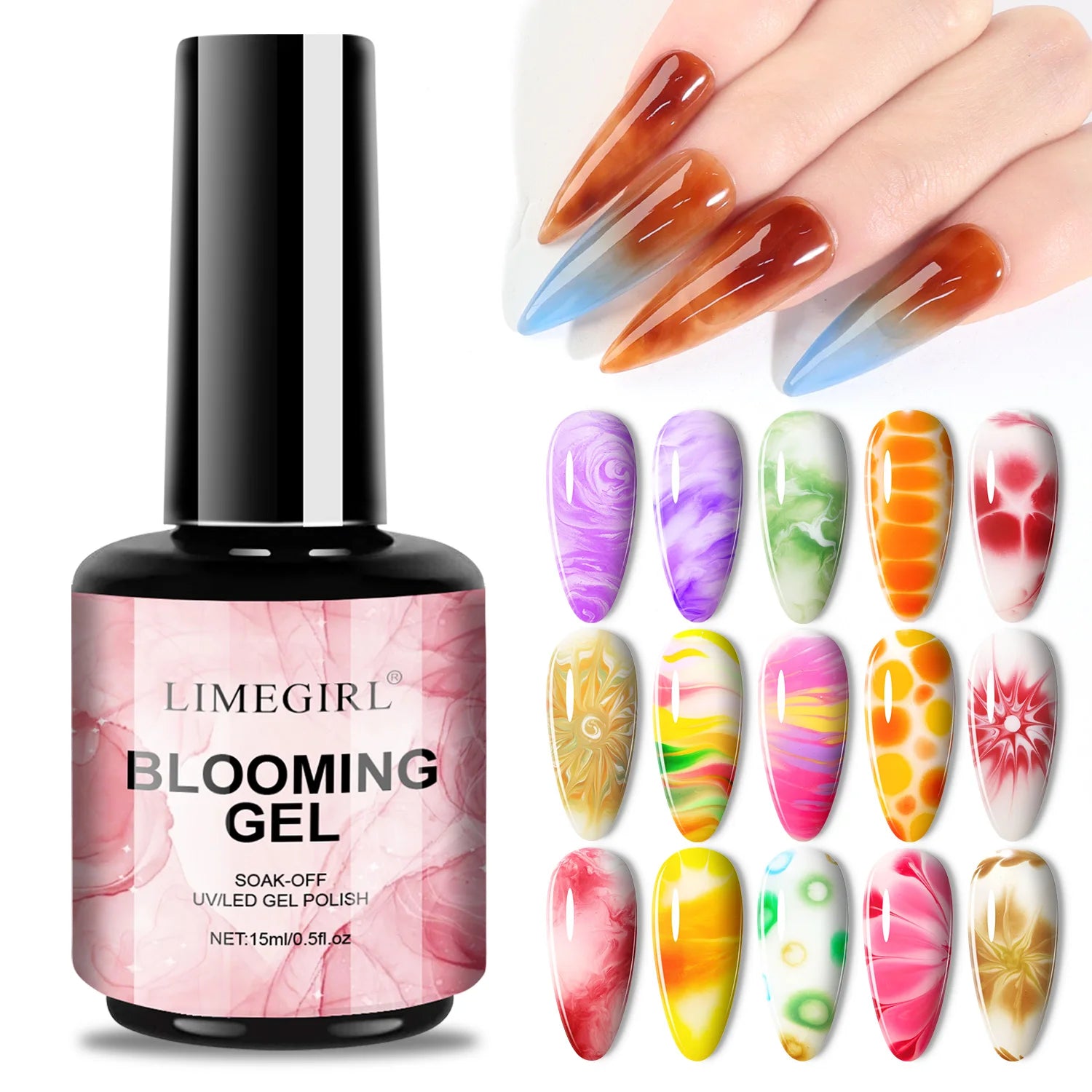 LIMEGIRL 15ML Clear Blooming Gel Polish UV Soak Spread Marble Nail Polish Gel Paint Applicable Nail Art Design Gel