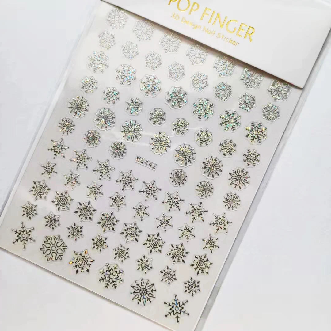 Sliver Bronzing 3D Christmas Nail Art Decoration Sticker Sparkly White Colorful Glitter Geometry Snowflake Winter Slider Foil