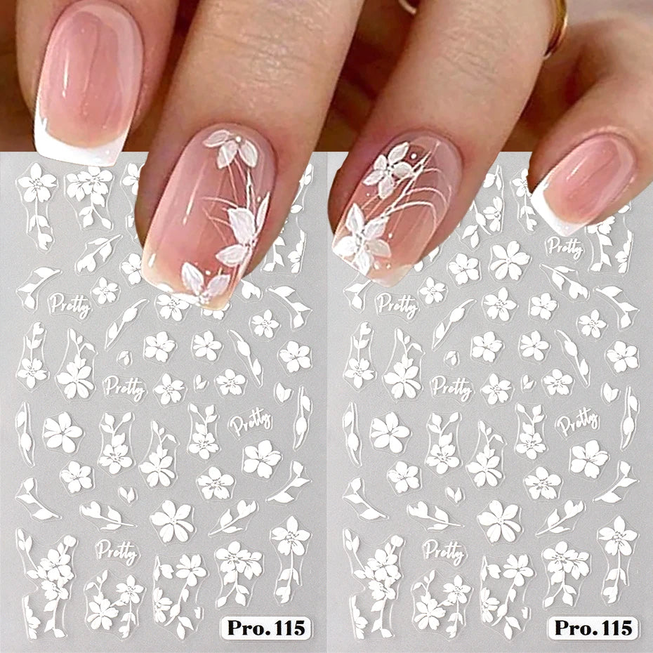 2pcs White Flower 3D Nail Art Stickers Sakura Blooming Florals Leaf Self-Adhesive Nail Decorations Sliders for DIY Manicure