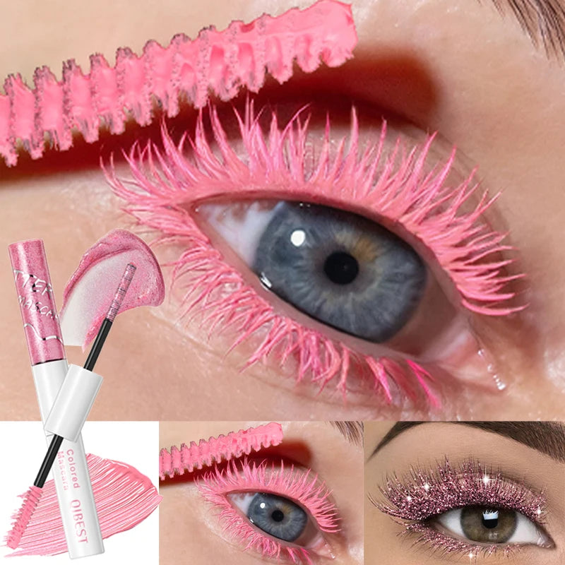 2 in 1 Matte Pink Mascara Eyelashes Blue Green Red Colorful Waterproof Curling Diamond Glitter Mascara Lasting Eye Makeup Tools