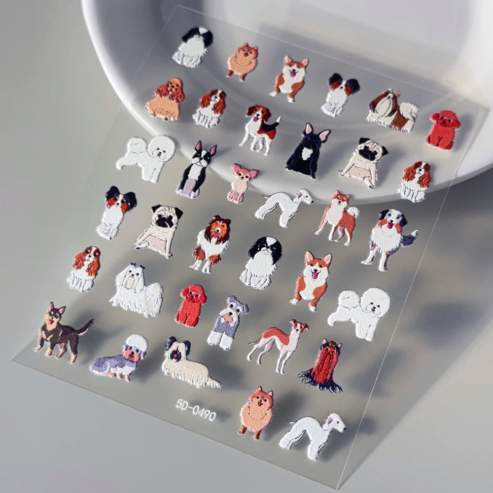 2pcs/Set Happy Dog Nail Decorative Stickers 5D Embossed Cute Cartoon Corgi Pomeranian Puppy Nail Decals DIY Animal Manicure Deco
