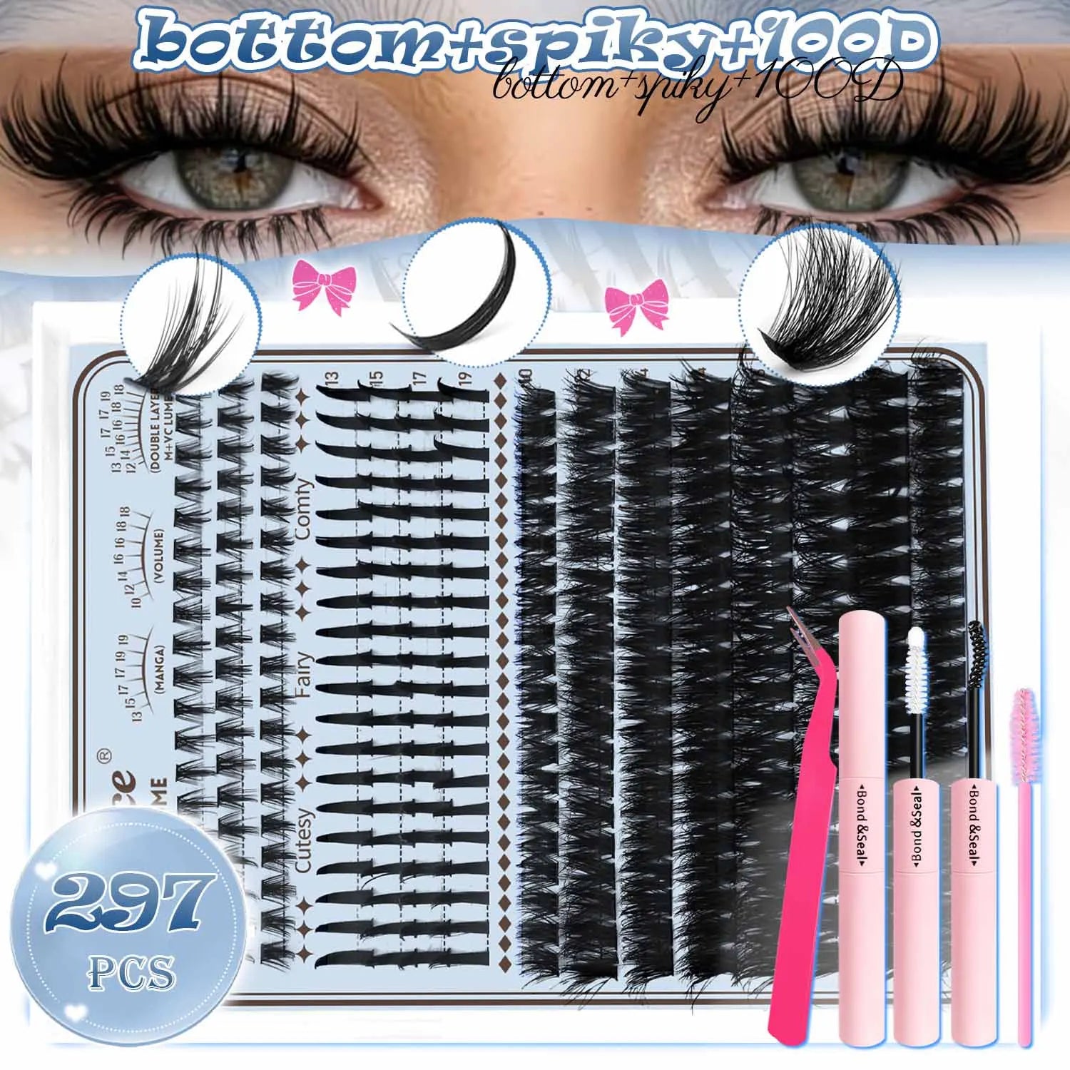 Eyelash Extension Kit Spiky Lashes Extension Thick Individual Cluster Lashes with Spikes&Bottom Lashes Bond And Seal Makeup