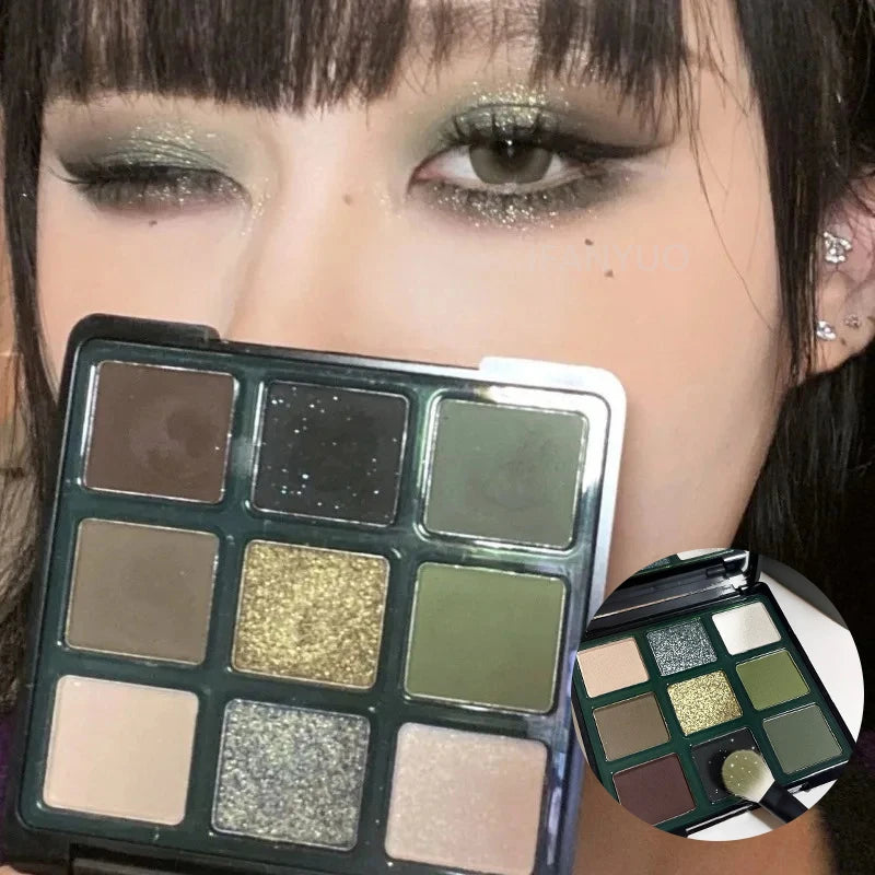 9 Colors Olive Green Eyeshadow Palette Punk Smokey Style Pearlescent Shimmer Matte Eyeshadow Powder Makeup Palette Eye Cosmetics