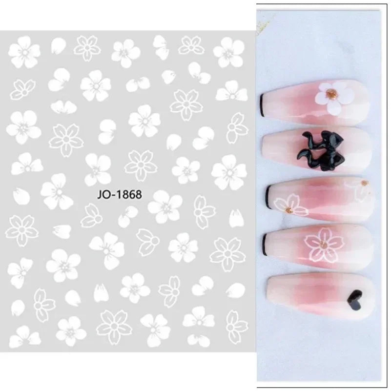 Cherry Blossom 3D Nail Stickers White Flower Petals Nail Art Decals Elegant Wedding Design Spring Sakura Manicure Slider Decor