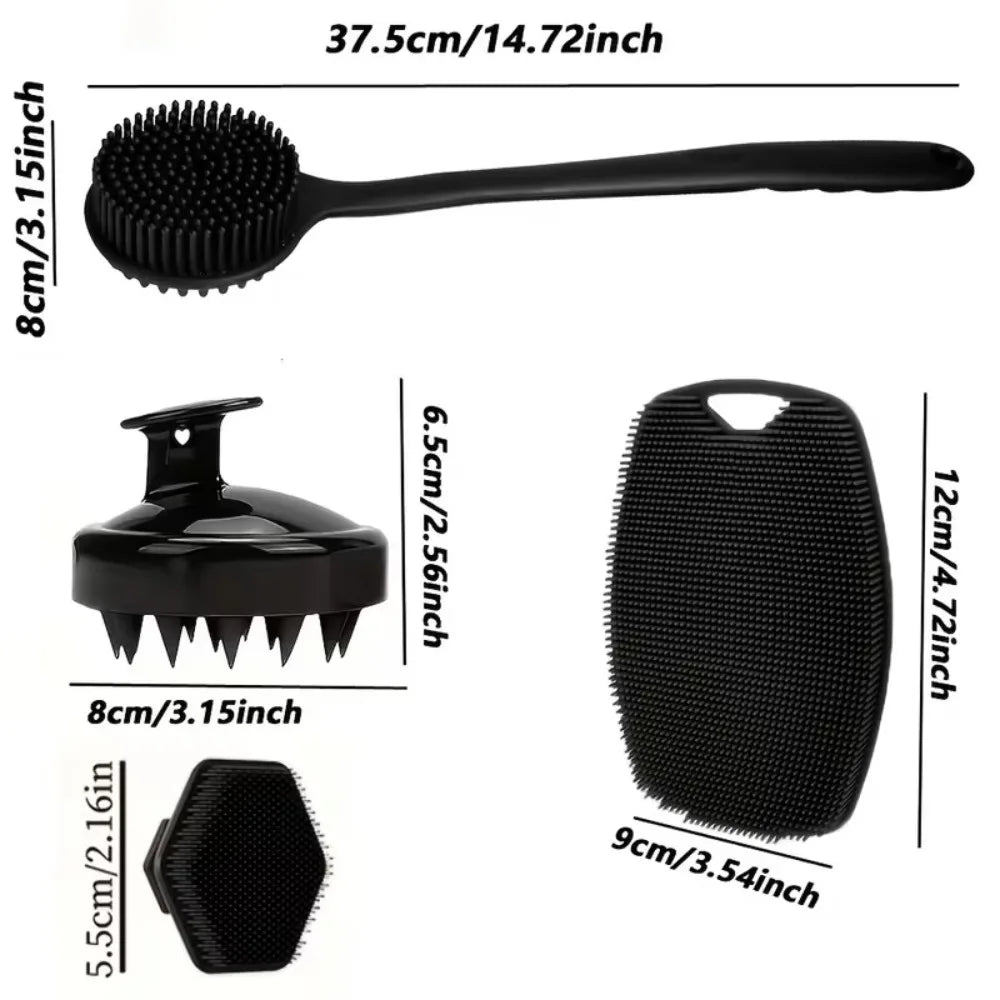 2/3/4Pcs Silicone Shower Brush Set Long Handled Back Washer Scalp Massage Comb Gentle Exfoliation Body Scrubber Deep Skin Clean