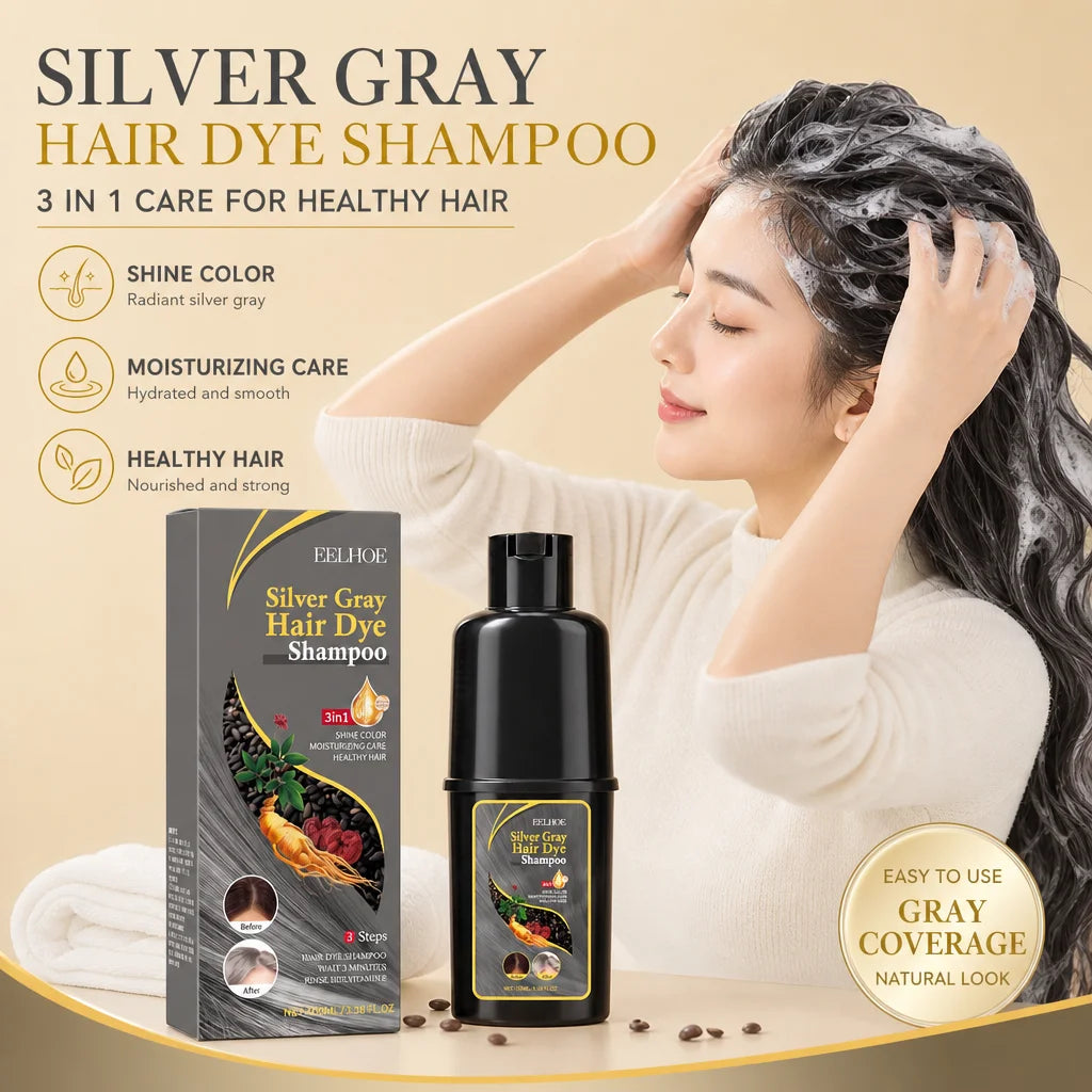 Silver Gray Hair Dye Shampoo 3 In 1 Herbal Hair Color Moisturizing Care Fast Cover White Grey Hair DIY Coloring Shampoo 100ml