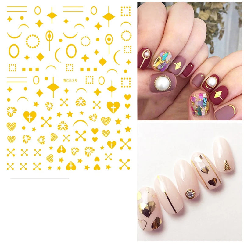 Shiny Gold Star Moon Sun Nail Stickers for Manicure Accessories Heart Feather Animals Printing Self Adhesive Nail Wrap