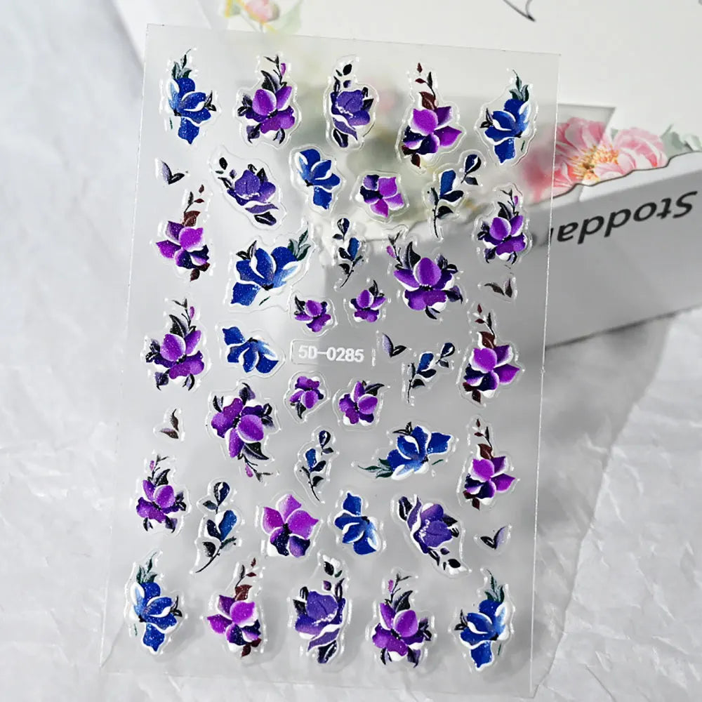1PCS Embossed 5D Nail Art Stickers Colorful Elegant Flowers Rose Butterfly Sliders Nails White Petals Manicure Decor NK5D-0288