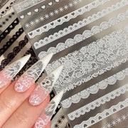 3Pcs White Lace 5D Nail Art Stickers Y2k Embossed Flowers Heart Petals Elegant French Decals Wedding Nails Manicure Decorations