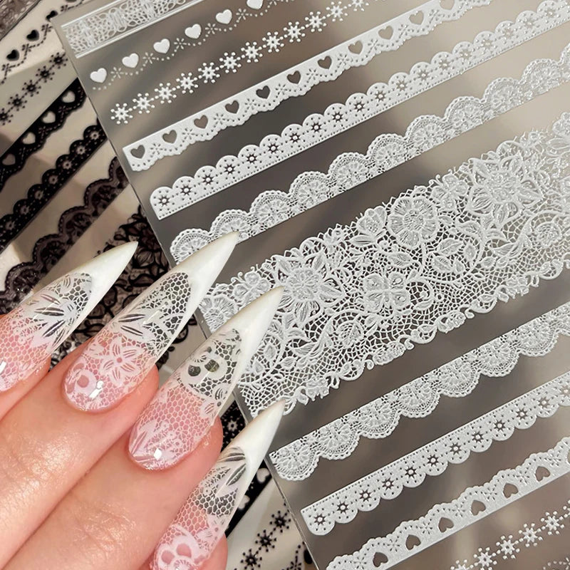 3Pcs White Lace 5D Nail Art Stickers Y2k Embossed Flowers Heart Petals Elegant French Decals Wedding Nails Manicure Decorations