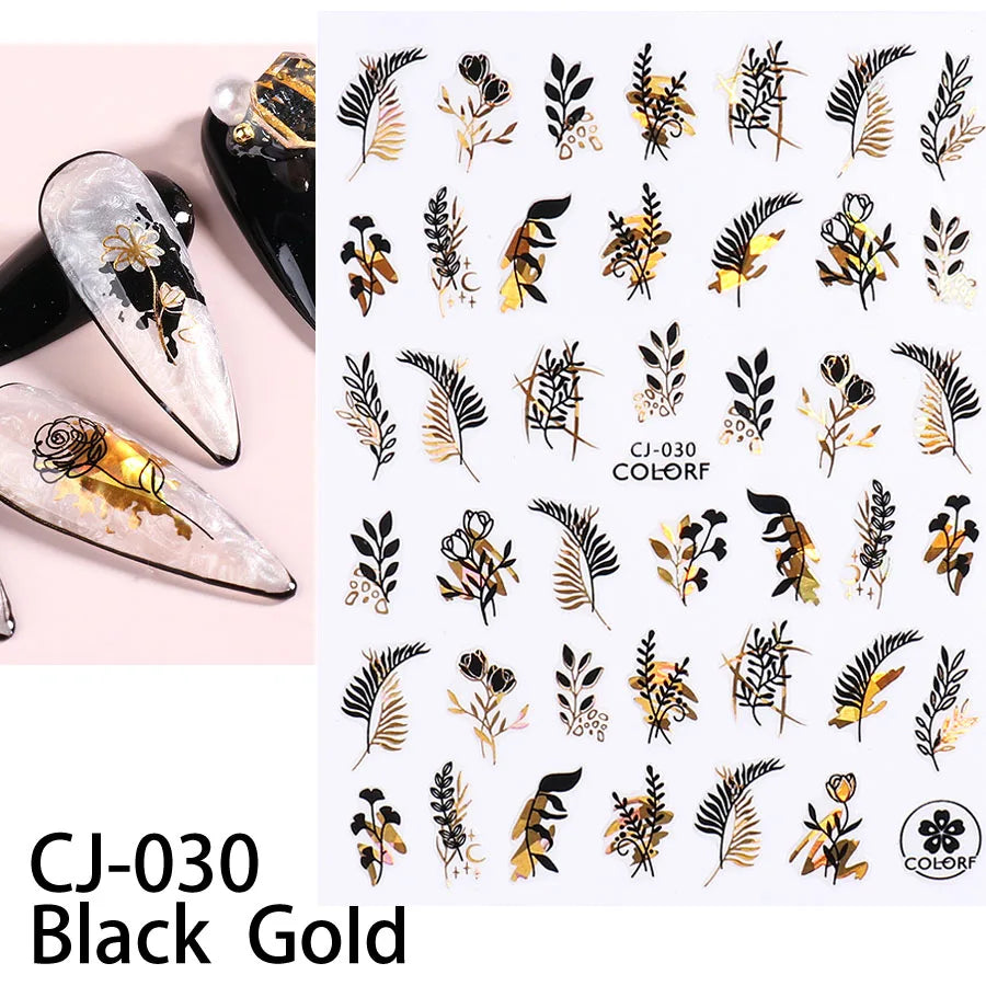 Shiny Gold Star Moon Sun Nail Stickers for Manicure Accessories Heart Feather Animals Printing Self Adhesive Nail Wrap