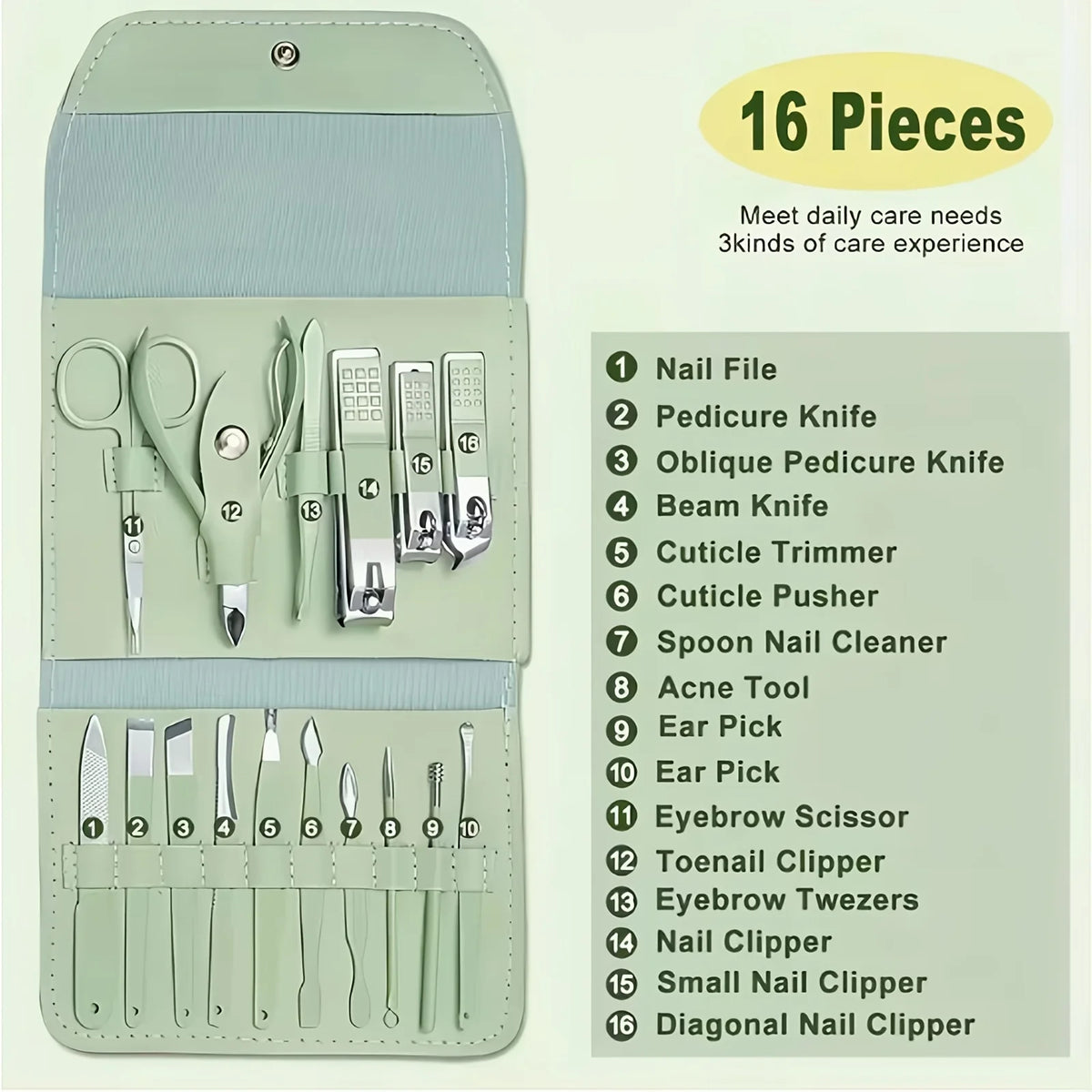 16Pcs Manicure Pedicure Tool Set Stainless Steel Nail Clipper Kit with Storage Bag Cuticle Nail Care Beauty Grooming Tools