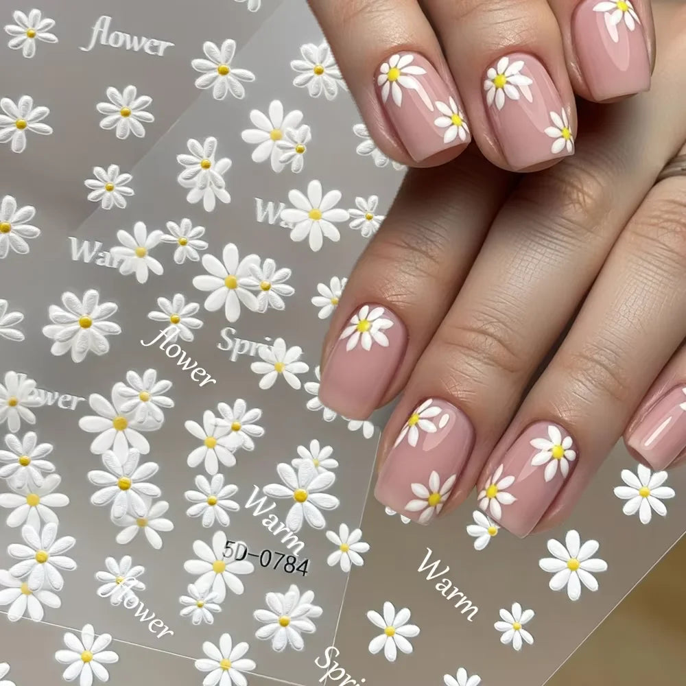 2pcs 5D White Daisy Design Nail Art Stickers Embossed Daisy Floret Green Leaf Nail Art Decals DIY Spring Summer Decor Stickers
