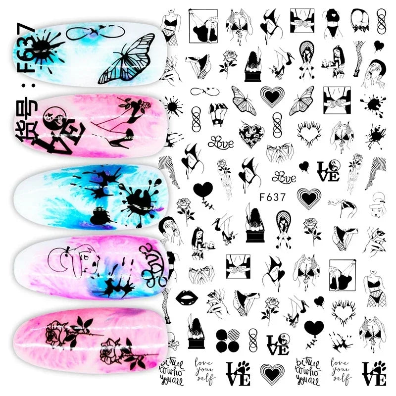 1PCS Black White Love Nail Stickers Letter Nail Design Flower Print Supplies Nail Art Decals Suitable For Women's Manicure