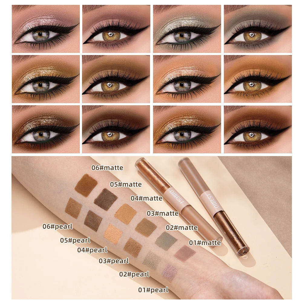 QIBEST Double-head Glitter Liquid Eyeshadow Contour Blush Pigment Silkworm Shimmer Matte Natural Cheek Shadow Cream Eyes Makeup