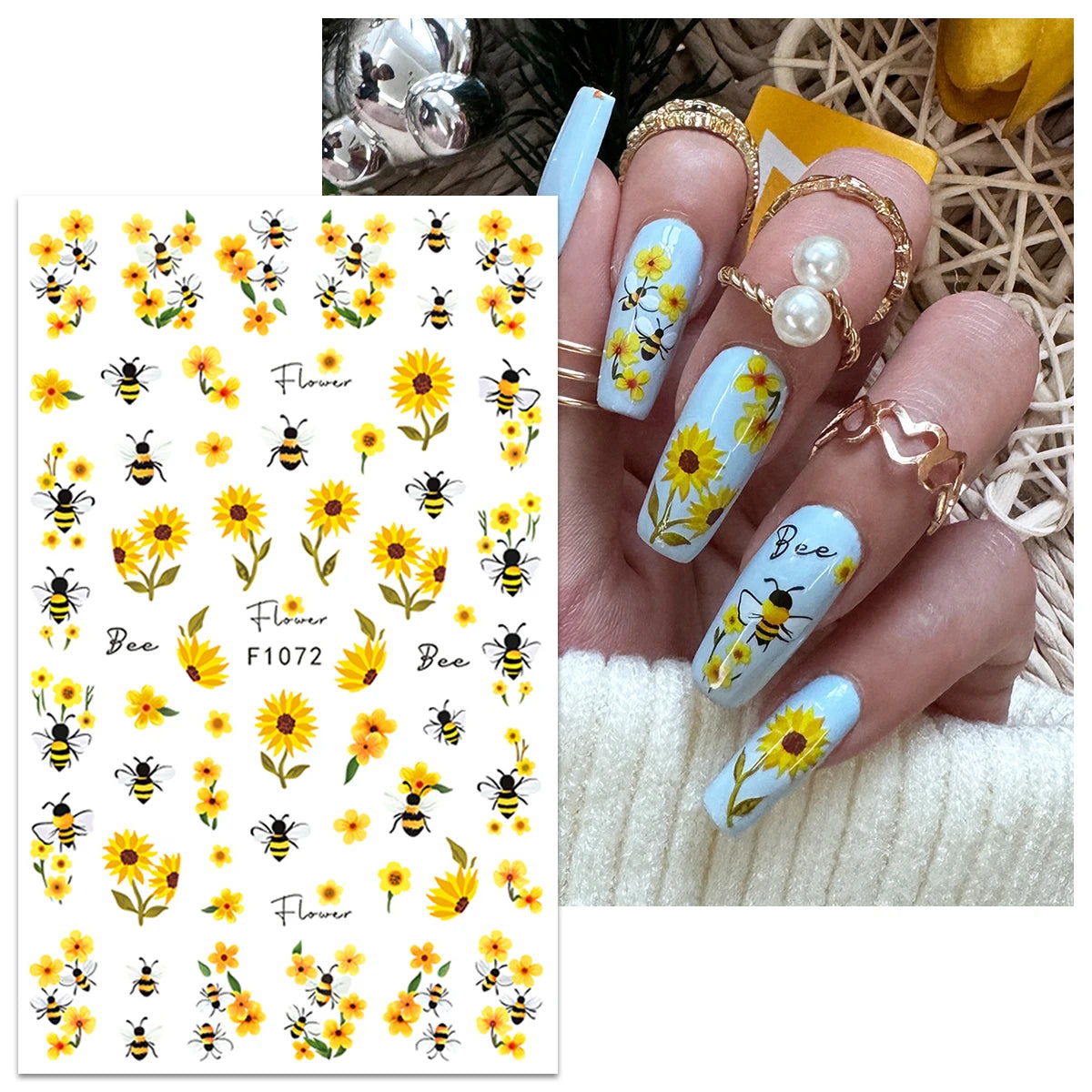 2 Spring and summer bee sunflower nail stickers, easy to apply for nail decoration DIY, gifts, party and wedding makeup styling