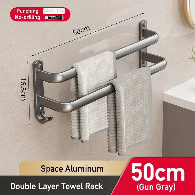 Space Aluminum Multi Rod Towel Bar Bathroom Accessories Wall Hanging Towel Holder Hanger Bath Room Shelf with Hooks Towel Rail