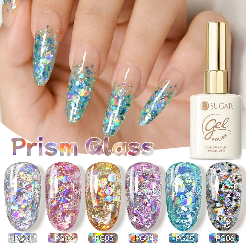UR SUGAR 6PCS Chunky Glitter Gel Nail Polish Set Shiny Silver Sequins Soak Off UV LED Gel Varnish Kit Summer Nail Art Manicure