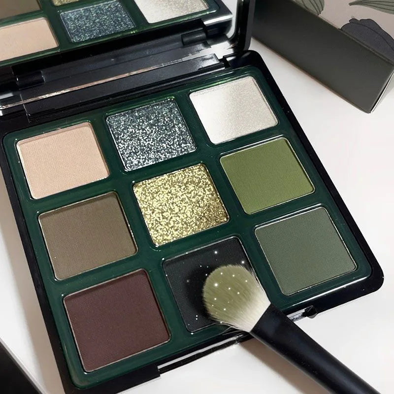 9 Colors Olive Green Eyeshadow Palette Punk Smokey Style Pearlescent Shimmer Matte Eyeshadow Powder Makeup Palette Eye Cosmetics