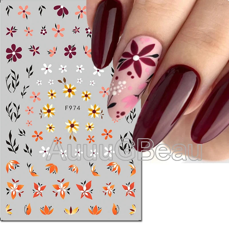 3d Nail Art Decals Geometric Lines Daisy Sunflowers Letters Adhesive Sliders Nail Stickers Decoration For Manicure
