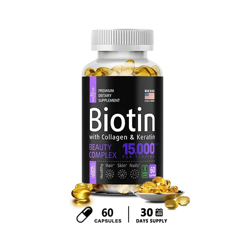 Biotin Capsules 15,000 MCG - Increase Healthier, Shinier Hair, Skin & Nails- 30 To 120 Capsules with Biotin Collagen A & B
