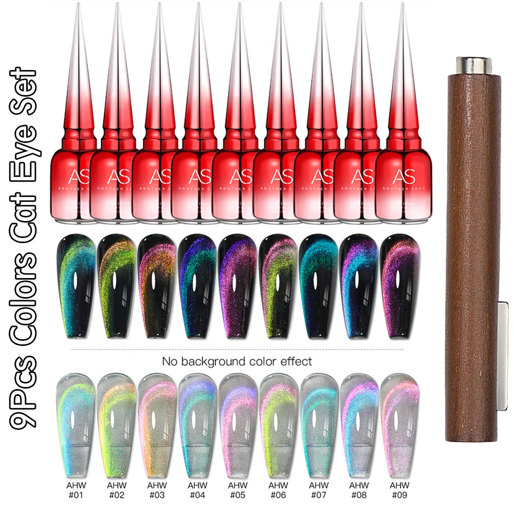 AS 9pcs Cat Eye Magnetic Moonlight Gel Nail Polish Set 15ml Sparkle White Silver Water Light Red UV Gel Nail Art Manicure Vernis