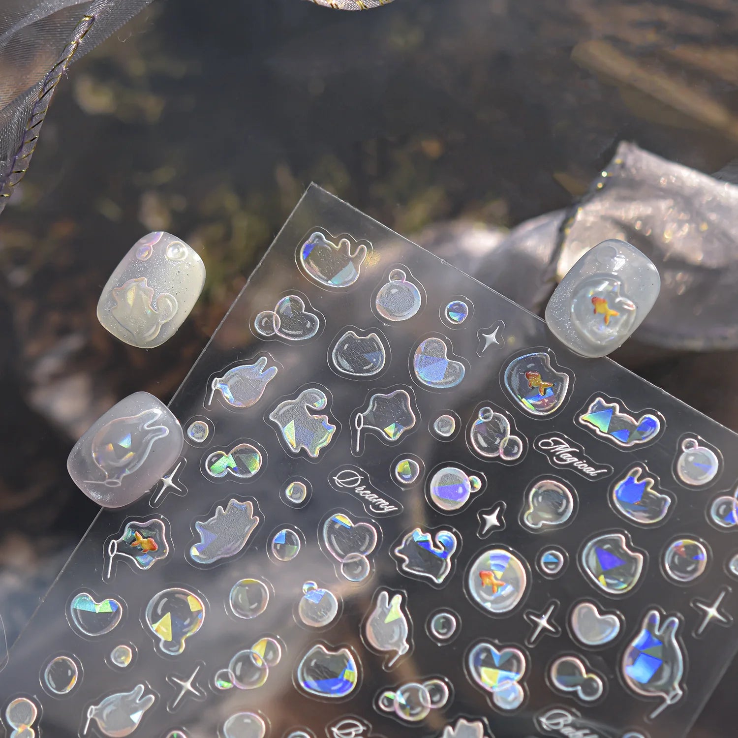 Shiny Blowing Bubble Nail Decorations Stickers 5D Shell Light Love Cat Bubble TransferSlider Sticker DIY Summer Manicure Decals