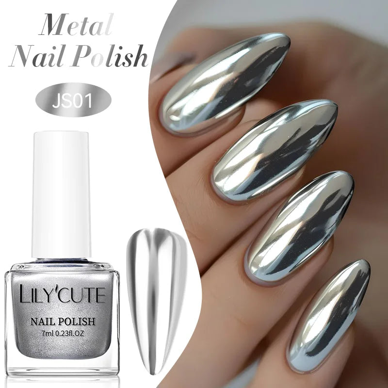 LILYCUTE 7ML Super Bright Silver Metallic Nail Polish No Need Lamp Quick Dry French Style Glass Bottle Manicure Nail Art Varnish