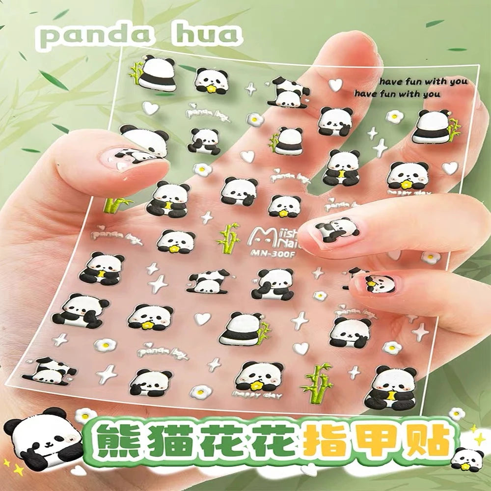 5D Lovely Panda Animal Nail Stickers Bunny Korean Cartoon Relief Self Adhesive Nail Art Stickers Cute Pretty Smile Star Manicure