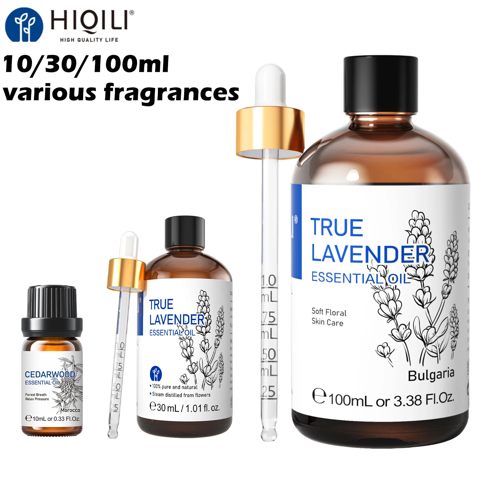 HIQILI 10/30/100ml Single Essential Oil, Lavender/Vanilla/Rose/Basil, Home Fragrance/Diffuser / Humidifier，100% Pure & Natural