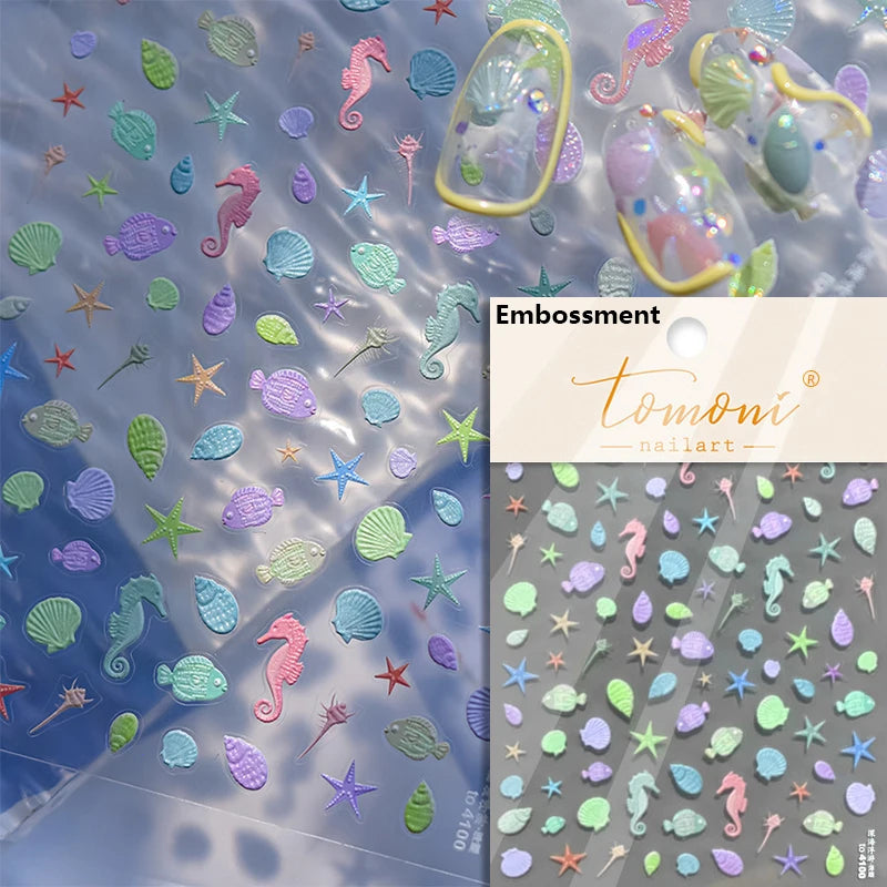 1 piece of 5D marine life nail stickers coral dolphin jellyfish shell conch starfish sea soft relief decorative nail art sticker