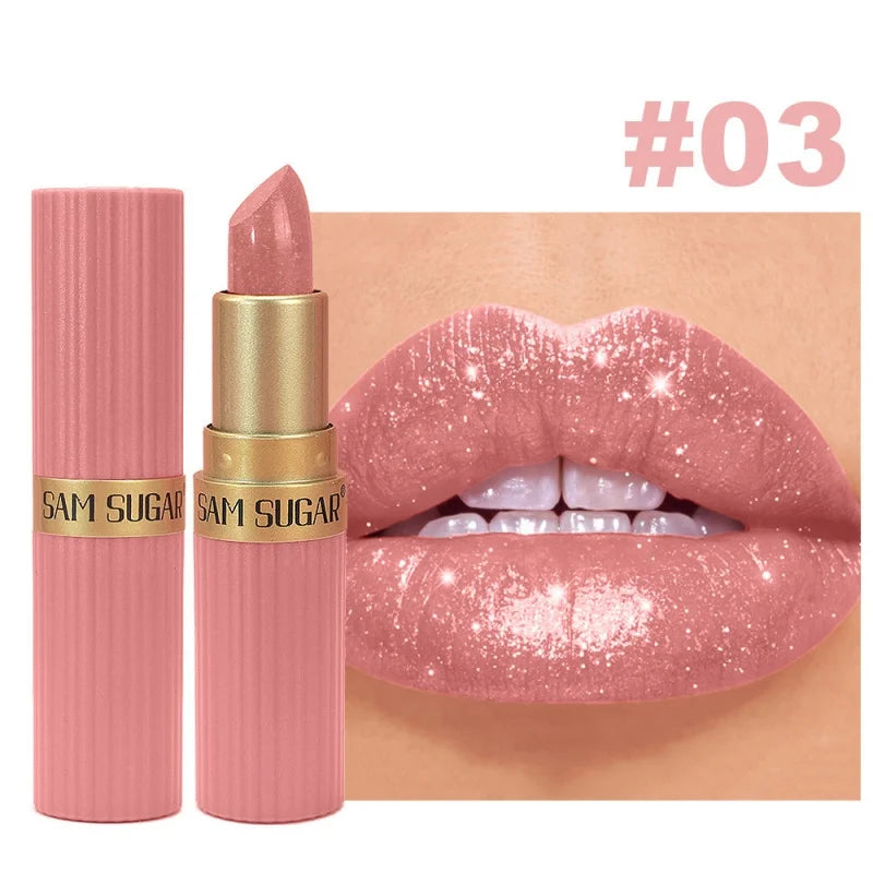 Diamond Pearlescent Lipstick Glitter Shiny Metallic Lipstick Lip Tint Long Lasting Nude Shimmer Shiny Lip Gloss Makeup