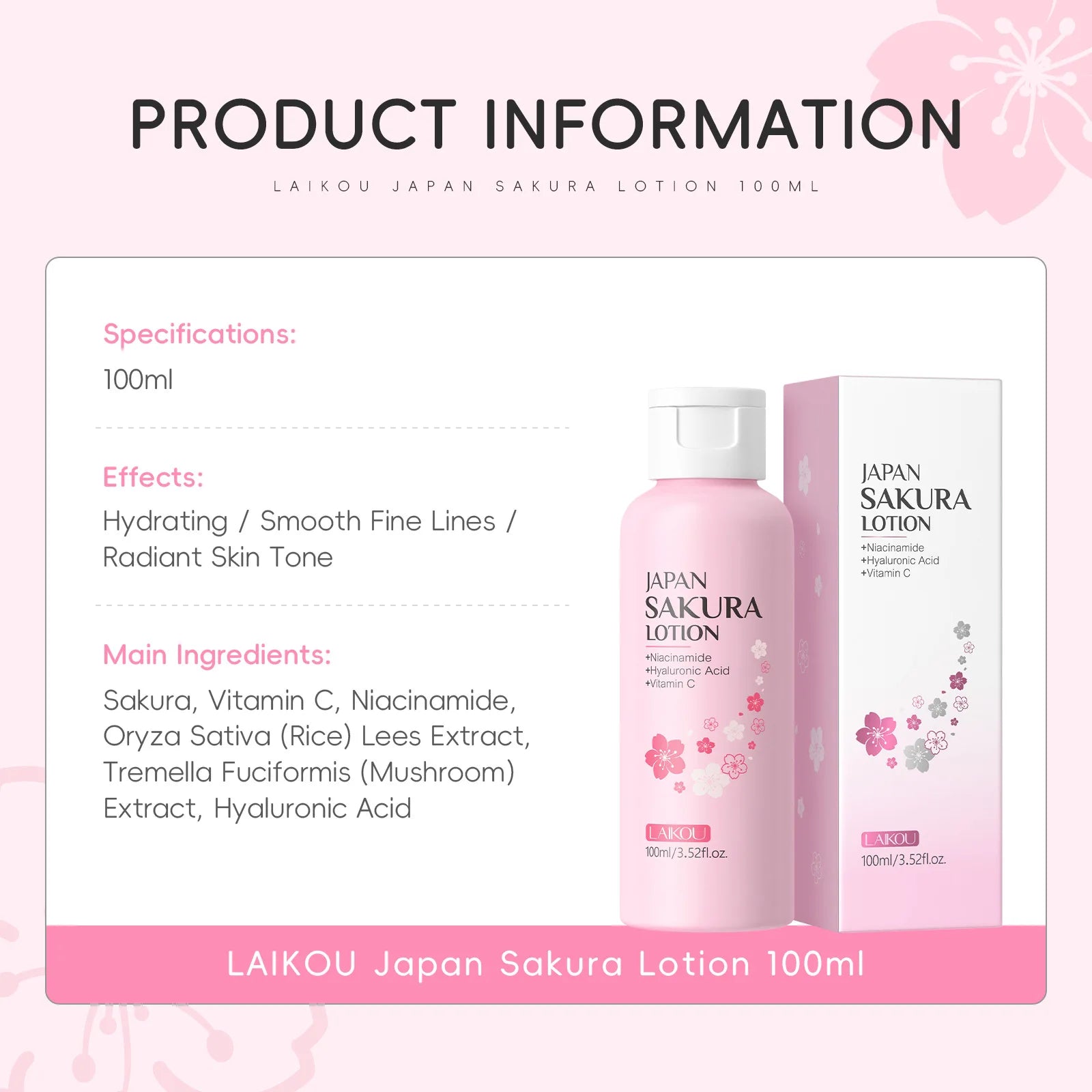LAIKOU Japan Sakura Lotion 100ml Niacinamide Hyaluronic Acid Vitamin C Hydrating Brightening Moisturizing Face Skin Care