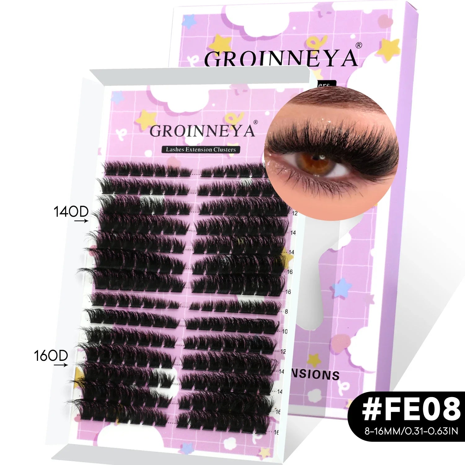 GROINNEYA Lash Clusters Kit Natural Cat Lashes Winged End Eye Elongated Eyelashes With Lash Bond & Seal Cluster Kit DIY at Home