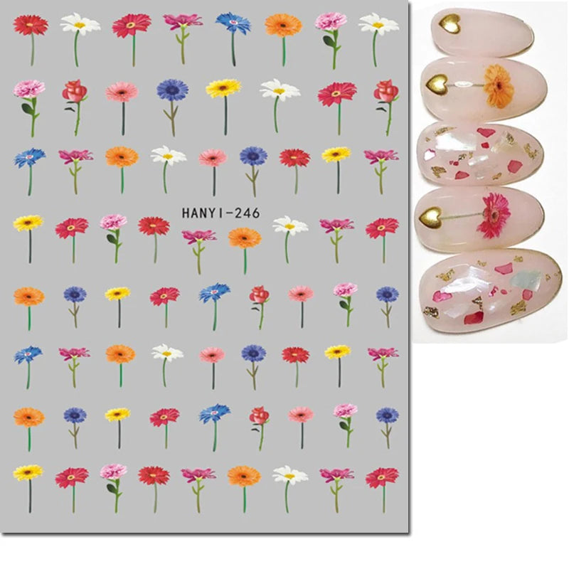 3d Nail Art Decals Geometric Lines Daisy Sunflowers Letters Adhesive Sliders Nail Stickers Decoration For Manicure