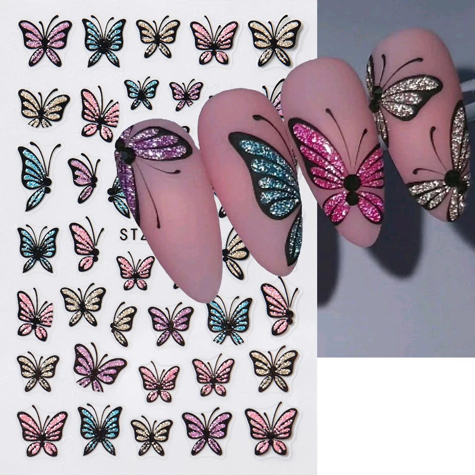 Glitter Butterfly Nail Stickers Decals Charm 3D Shiny Blue Pink Design Self Adhesive Sliders Nail Art Foils Manicure Decorations